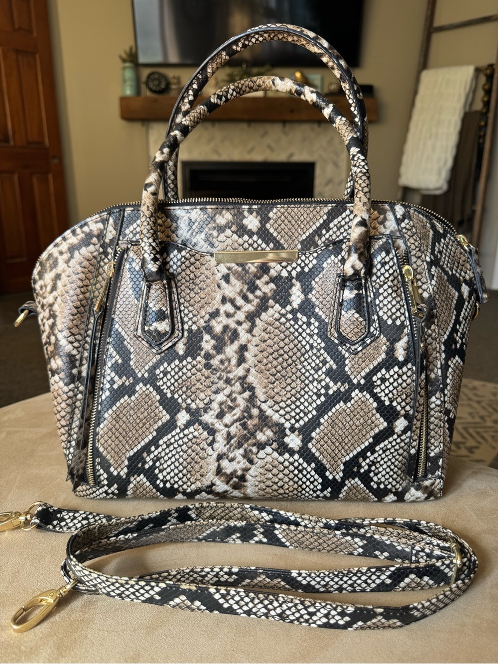 Snake-Print Satchel Handbag in Black and Tan - Designer Style